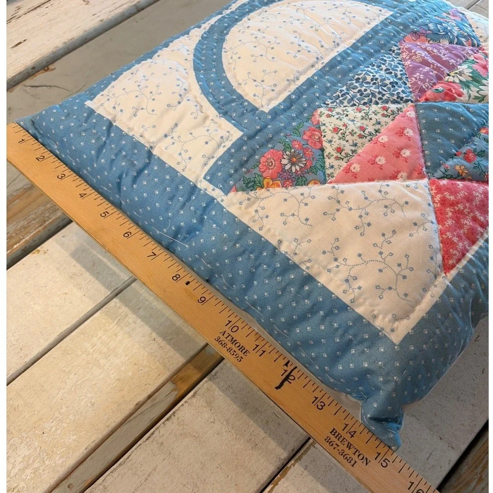 Handmade Quilted Basket Patchwork Throw Pillow Blue Floral Cottagecore